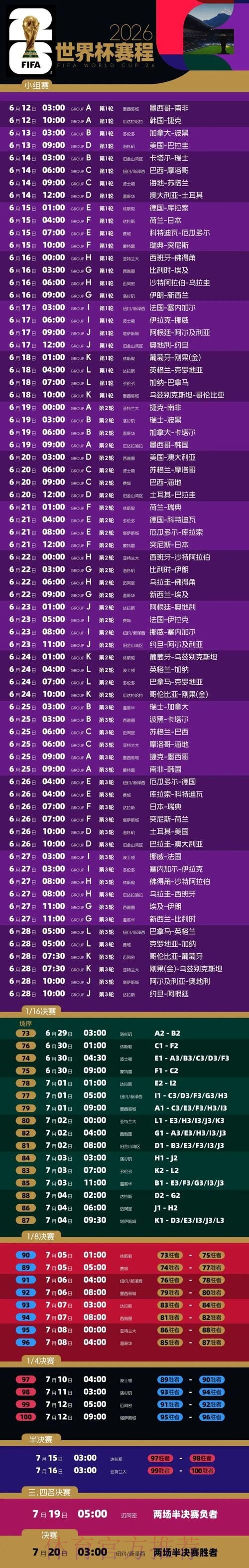 2026年世界杯决赛时间及比赛安排解析